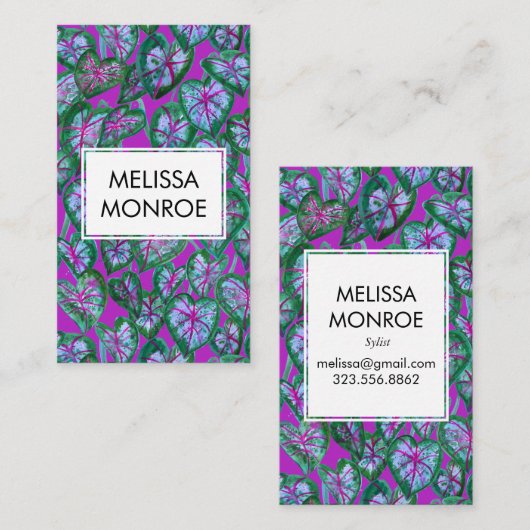 Caladium tropische bladeren geïllustreerde waterve visitekaartje (Voorkant / Achterkant)