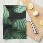 Calathea-bladeren, schaal met gestreepte tropische theedoek (Quarter Fold)