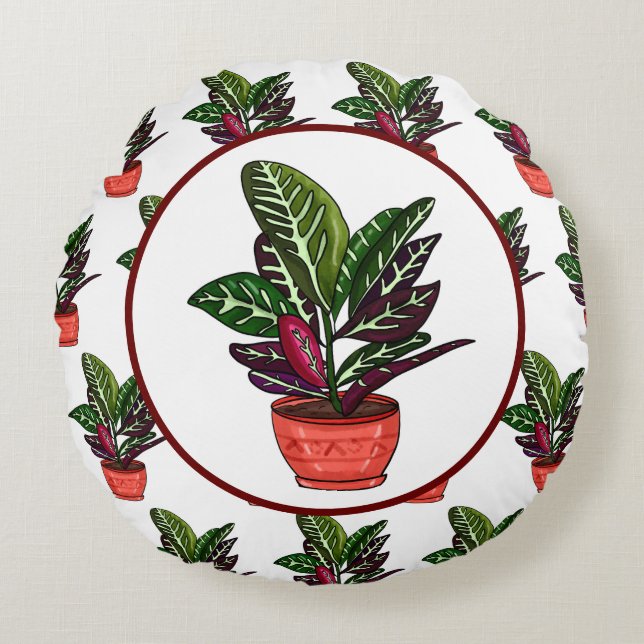 Calathea Hand-getrokken Plant Rond Kussen (Voorkant)