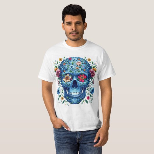 Calavera azul con flores t-shirt (Voorkant volledig)