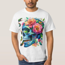 Calavera azul con flores y serpiente, acuarela t-shirt