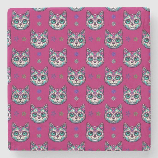 Calavera Cat Art Pattern Stenen Onderzetter (Voorkant)