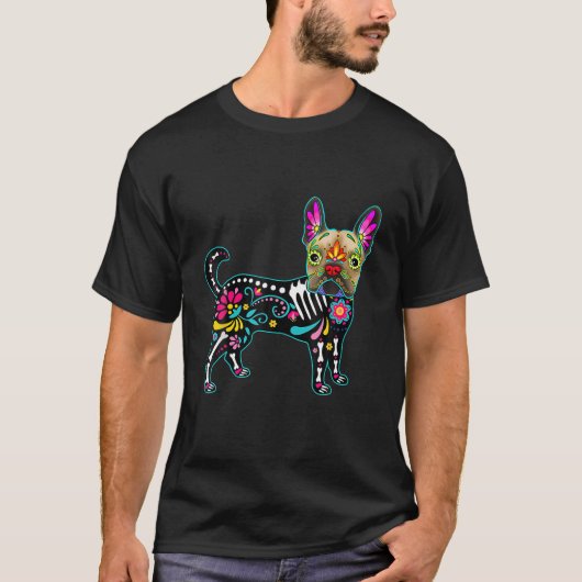 Calavera French Bulldog Frenchie Dia de Muertos Ha T-shirt (Voorkant)