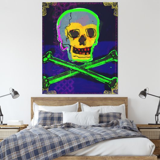 Calavera Skull Geek NFT Art White Gold Green Blue Canvas Afdruk (Insitu (Slaapkamer))