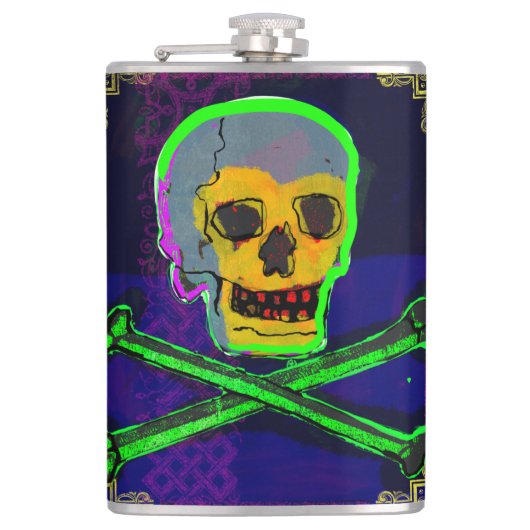 Calavera Skull Geek NFT Art White Gold Green Blue Heupfles (Voorkant)