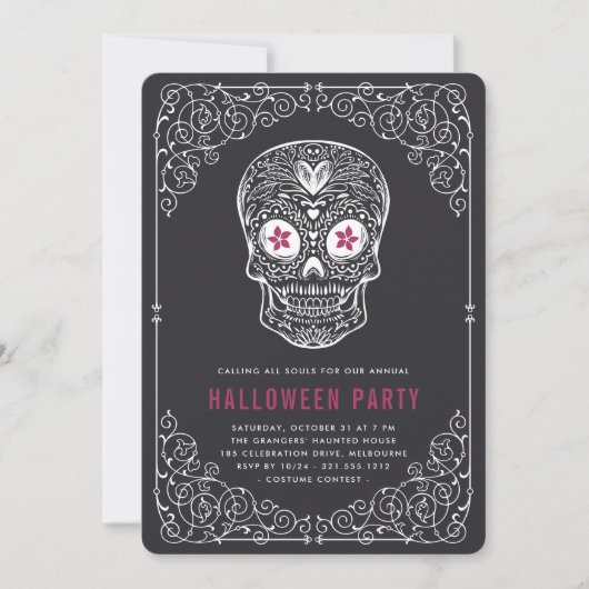 Calavera Skull Halloween Party Invitation Kaart (Voorkant)