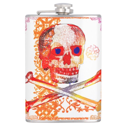 Calavera Skull NFT Art White Oranje blauw oog Heupfles (Voorkant)