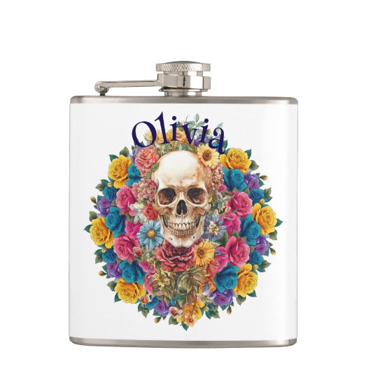 Calavera y flores Petaca de vinilo Heupfles (Voorkant)