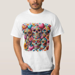 Calaveras Mexicanas con Corazones y Flores T-shirt