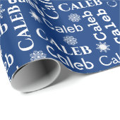 CALEB Aangepaste naam met sneeuwvlokken op blauw Cadeaupapier (Rol Hoek)
