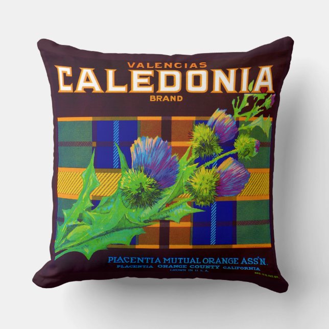 Caledonia oranje crate label uit de jaren dertig kussen (Voorkant)