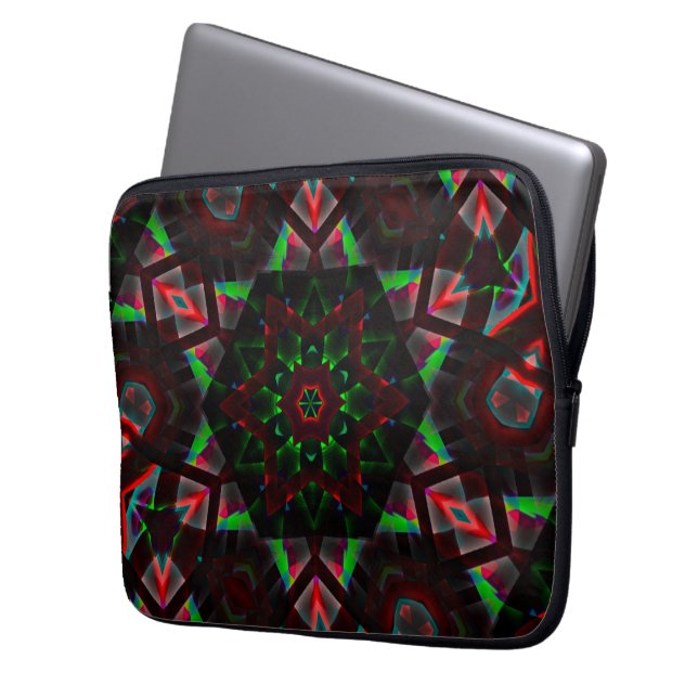 caleidoscoop met zeshoek, groen en rood laptop sleeve (Voorkant Links)