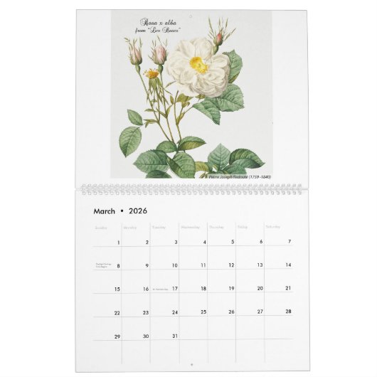 Calendar 2026 - Les Roses - P.J. Redouté  Kalender (Mar 2026)