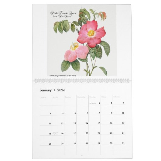 Calendar 2026 - Les Roses - P.J. Redouté  Kalender (Jan 2026)