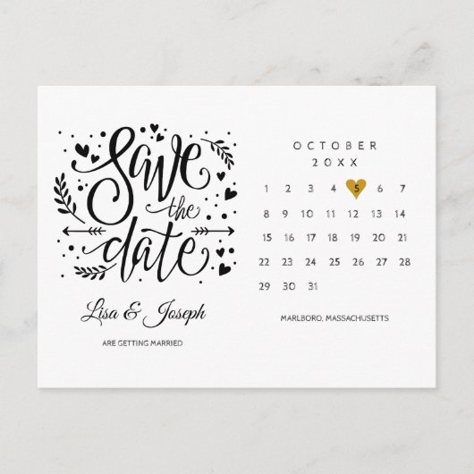 Calendar Gold Heart Bewaar de datum Briefkaart (Voorkant)