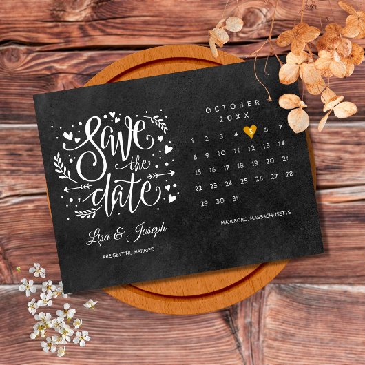 Calendar Gold Heart Chalkboard Save the Date Aankondigingskaart