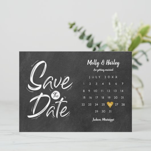 Calendar Gold Heart Chalkboard Save the Date Kaart (Staand voorkant)