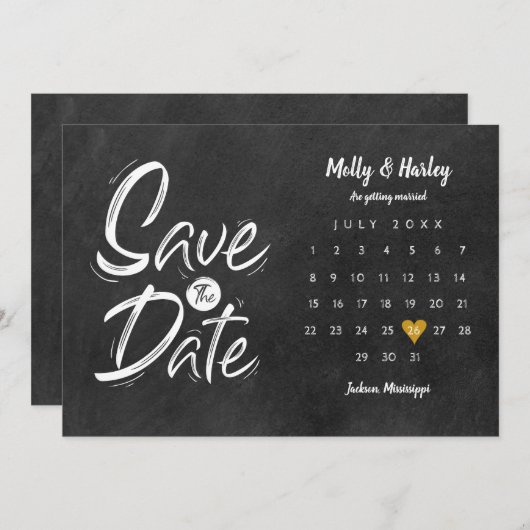 Calendar Gold Heart Chalkboard Save the Date Kaart (Voorkant / Achterkant)