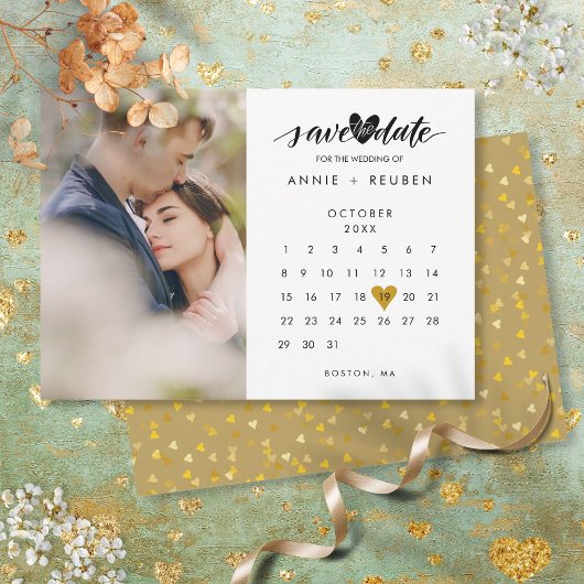 Calendar Gold Heart Confetti Photo Wedding Save The Date