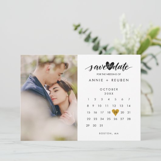 Calendar Gold Heart Confetti Photo Wedding Save The Date (Staand voorkant)