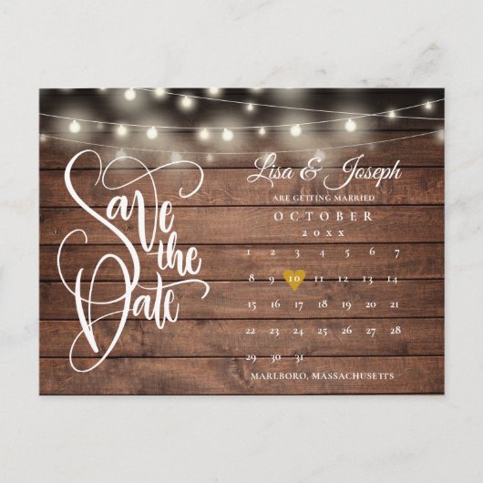 Calendar Gold Heart Rustic Wood Save the Date Aankondigingskaart (Voorkant)