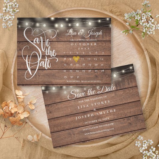 Calendar Gold Heart Rustic Wood Weddenschap Save The Date
