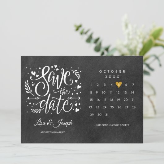 Calendar Gold Love Heart Black White Save The Date (Staand voorkant)