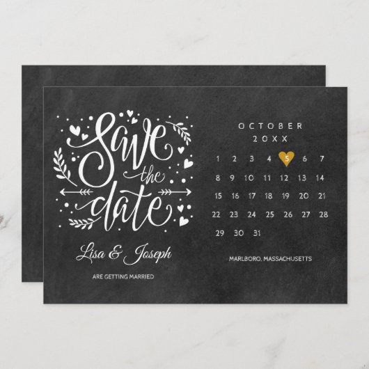 Calendar Gold Love Heart Chalkboard Save The Date (Voorkant / Achterkant)