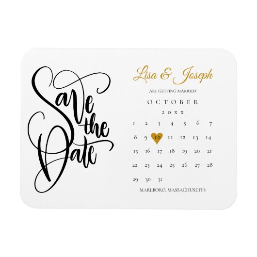 Calendar Gold Love Heart Save the Date Magneet (Horizontaal)