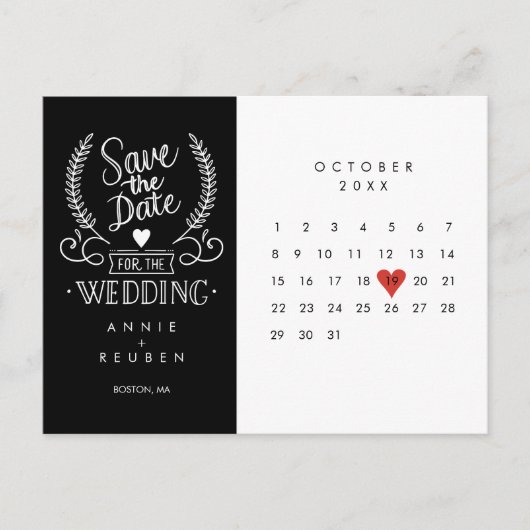 Calendar Red Love Heart Save the Date Briefkaart (Voorkant)