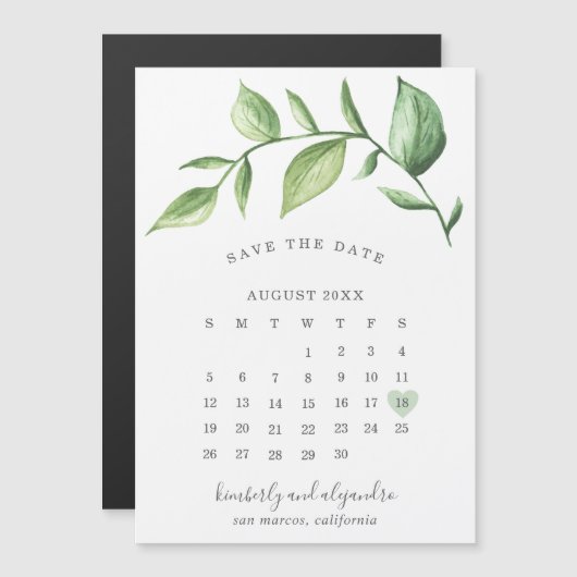Calendar Rustic Greenery Save the Date Magnetische Uitnodiging (Voorkant / Achterkant)