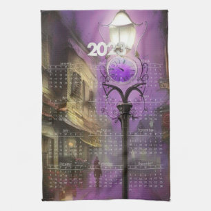 Calendar Towel - London Street klok Lamp Paars Theedoek