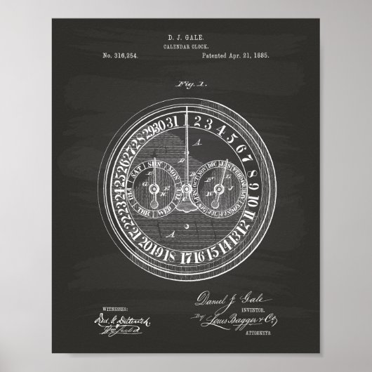 Calender Clock 1885 Patent Art Chalkboard Poster (Voorkant)