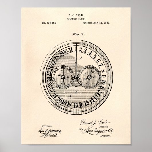 Calender Clock 1885 Patent Art Old Peper Poster (Voorkant)