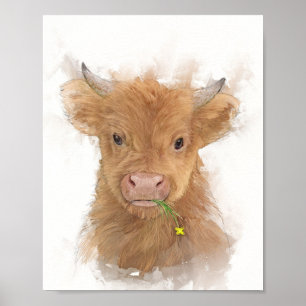 Calf Portrait voor Koe op het hoger gelegen Poster