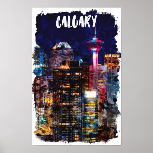 Calgary Alberta Skyline bij nacht Poster (Voorkant)