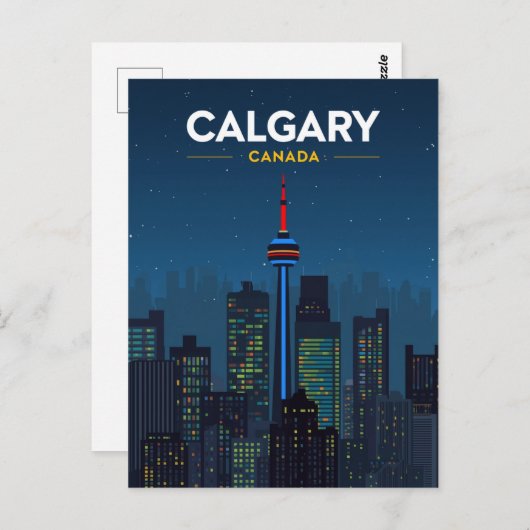 Calgary Tower Skyline Retro Night Briefkaart (Voorkant / Achterkant)