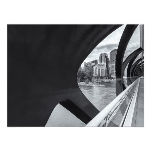 Calgary's Peace Bridge en Cityscape Monochrome Foto Afdruk (Voorkant)