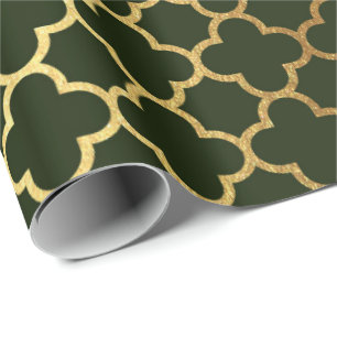 Cali Woodland Green Gold Quatrefoil Art Deco Net Cadeaupapier