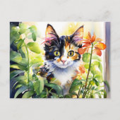 Calico Cat Achter Levendig Potten Plant Briefkaart (Voorkant)