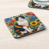 Calico Cat and Folk Art Sunflowers Bier Onderzetter (Linkerzijde)