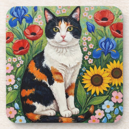 Calico Cat and Folk Art Sunflowers Bier Onderzetter