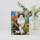 Calico Cat and Folk Art Sunflowers Briefkaart (Staand voorkant)