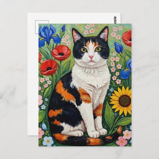 Calico Cat and Folk Art Sunflowers Briefkaart (Voorkant / Achterkant)