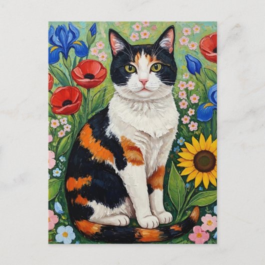 Calico Cat and Folk Art Sunflowers Briefkaart (Voorkant)
