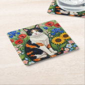 Calico Cat and Folk Art Sunflowers Kartonnen Onderzetters (Schuin)
