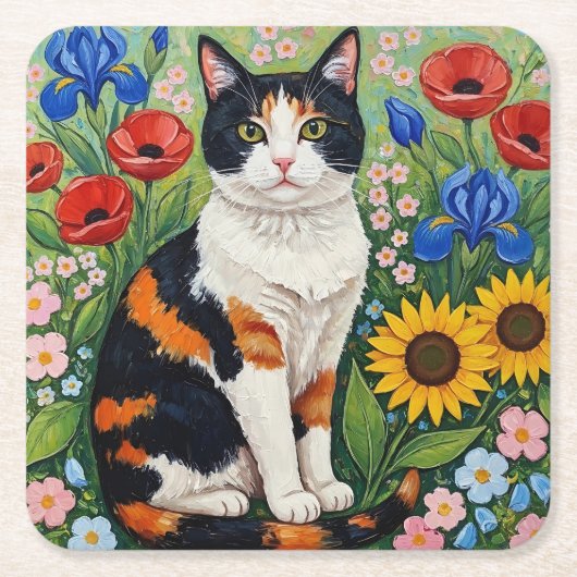 Calico Cat and Folk Art Sunflowers Kartonnen Onderzetters (Voorkant)