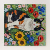 Calico Cat and Folk Art Sunflowers Legpuzzel (Horizontaal)