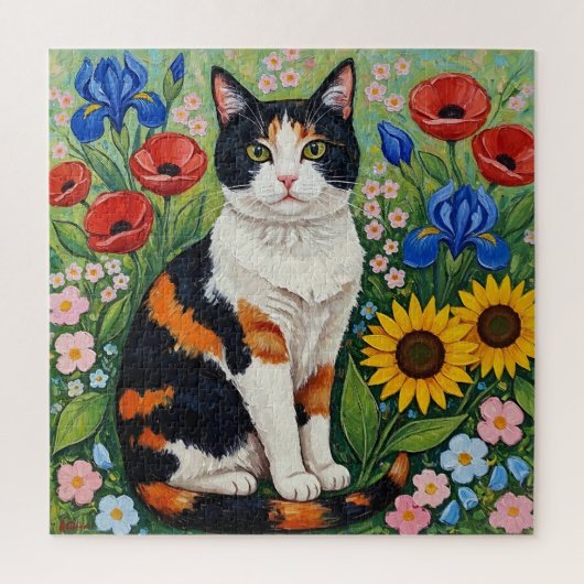 Calico Cat and Folk Art Sunflowers Legpuzzel (Verticaal)