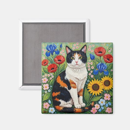Calico Cat and Folk Art Sunflowers Magneet (Voorkant / Achterkant)